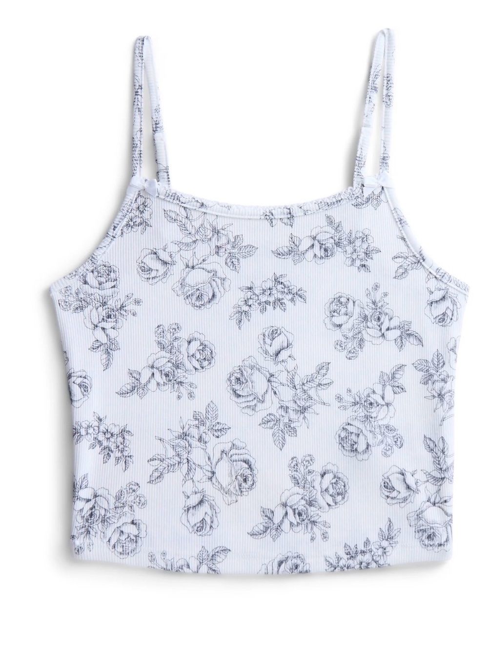 White Floral Ribbed Cami Tank Top
